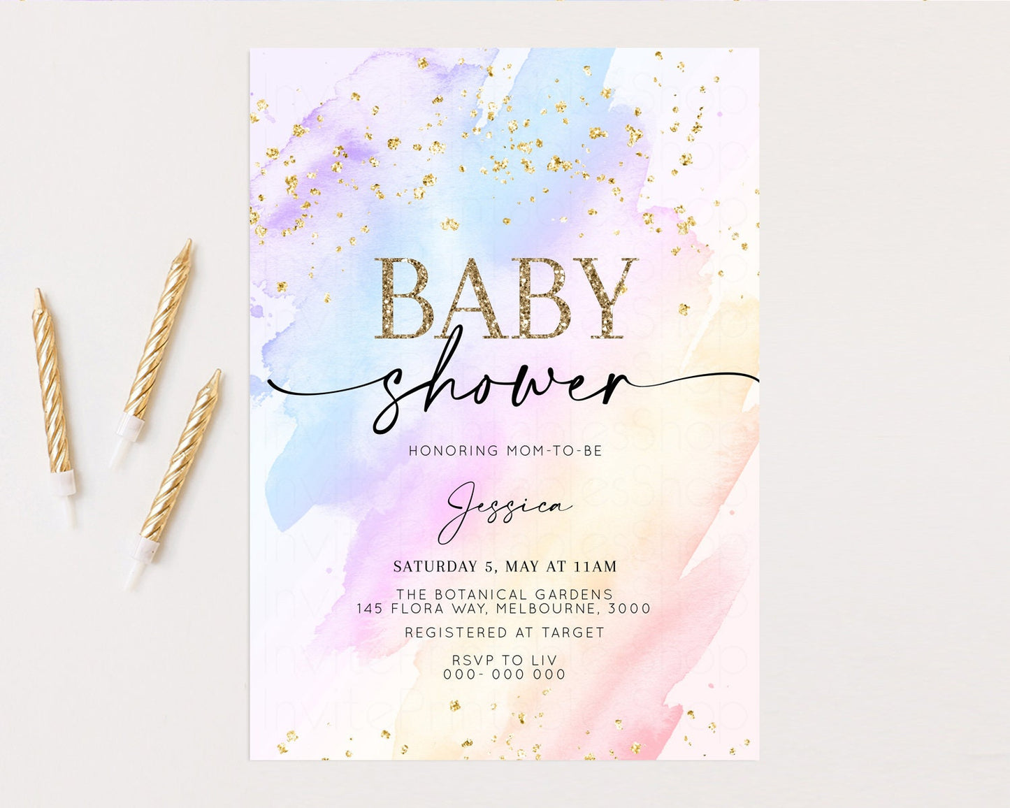 Rainbow Baby Shower Invitation Pastel Baby Shower Invitation Watercolor Ombre Invitation Rainbow Pastel Colors Invite Glitter Confetti t600