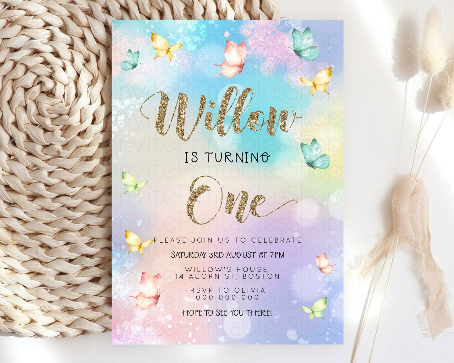 Pastel Butterfly Birthday Invitation Butterfly Birthday Invitation Colorful Splash Glitter Butterfly Garden 1st 2nd Birthday D23093