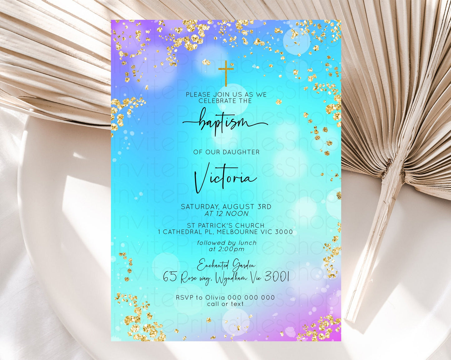 Pastel Baptism Invitation Pastel Colors Watercolor Baptism 1st Birthday Party Gold Ombre Pastel Rainbow Christening Holy Communion D10573