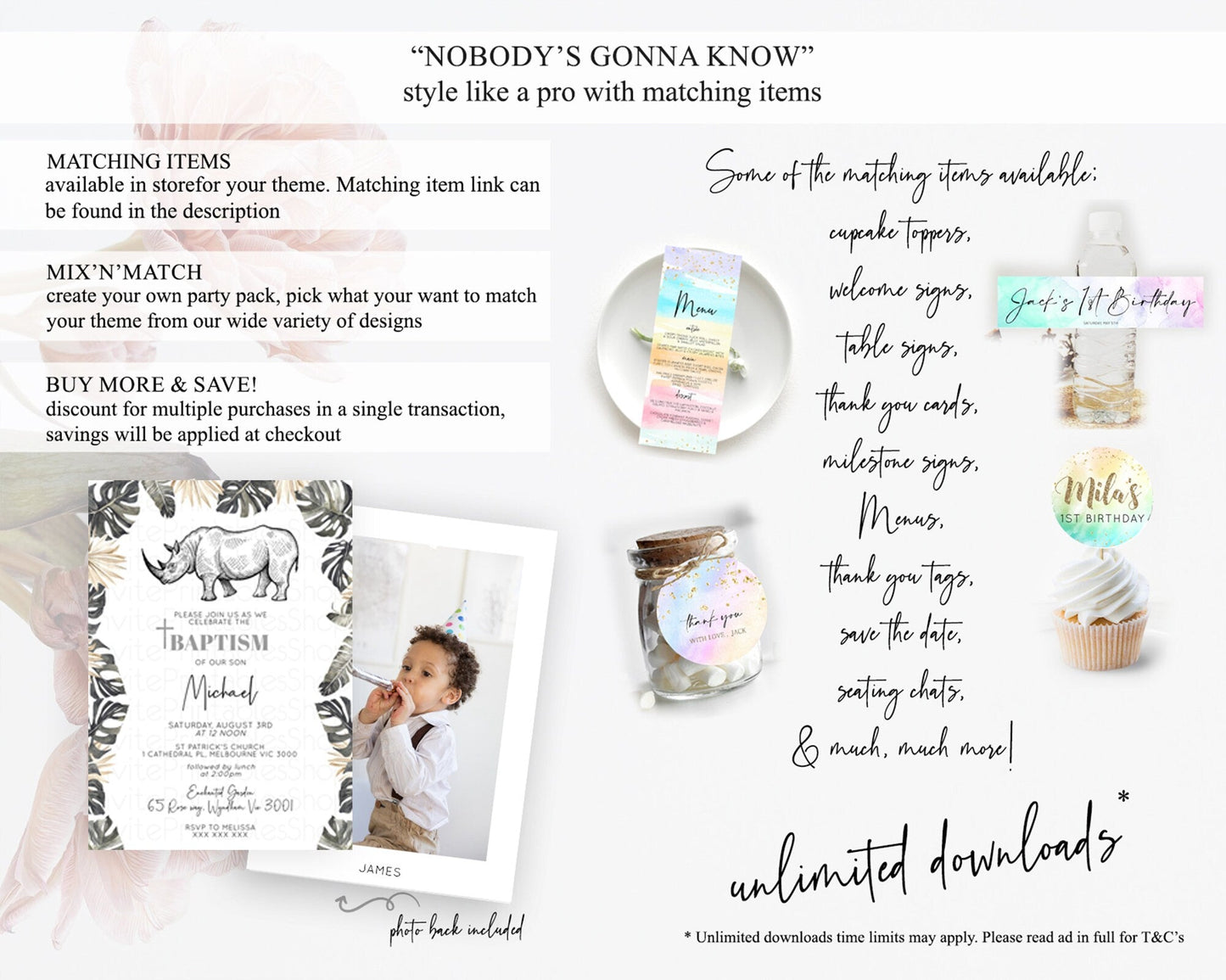 Rhino Baptism Invitation Rhino Baptism 1st Birthday Invitation Rhino Safari Adventure Christening Invitation Palm Leaf Invite Zoo D10826