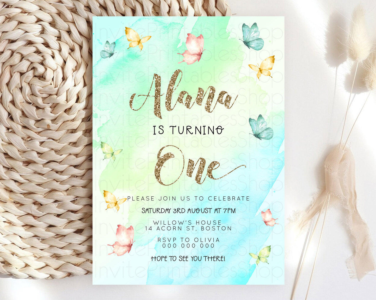 Pastel Butterfly Birthday Invitation Butterfly Birthday Invitation Colorful Splash Glitter Butterfly Garden 1st 2nd Birthday D23240