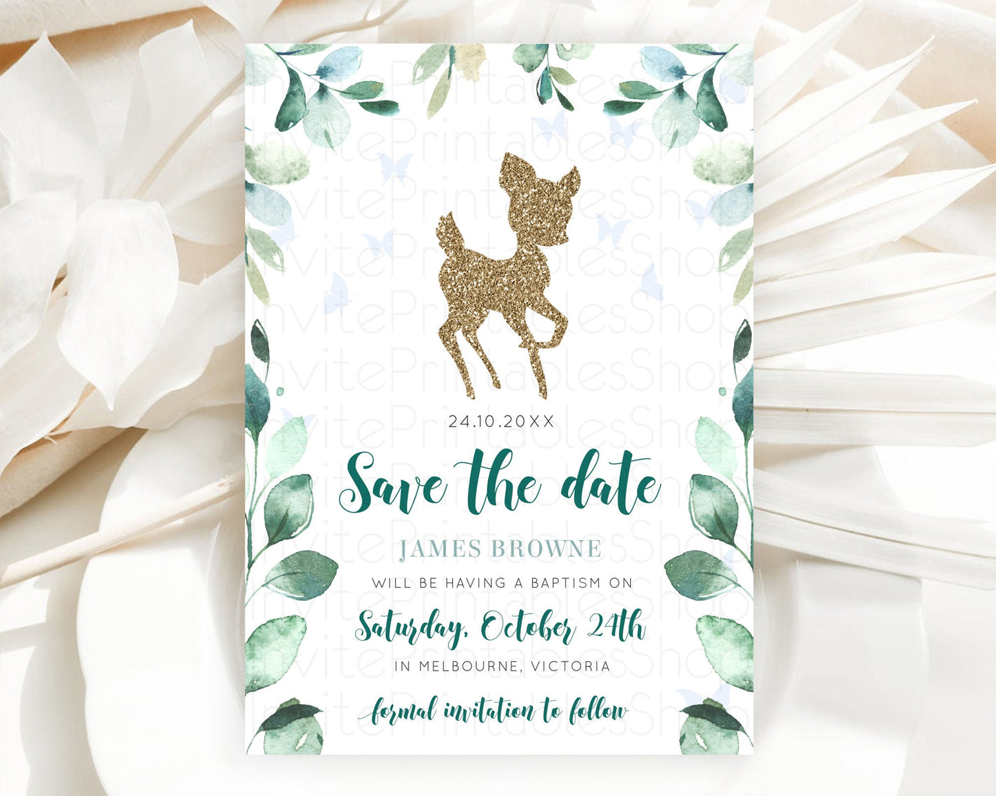 Fawn Deer Save The Date Template Pastel Floral Deer Enchanted Forest Butterfly Party 1st Birthday Baptism Baby Shower Bridal Shower D10882