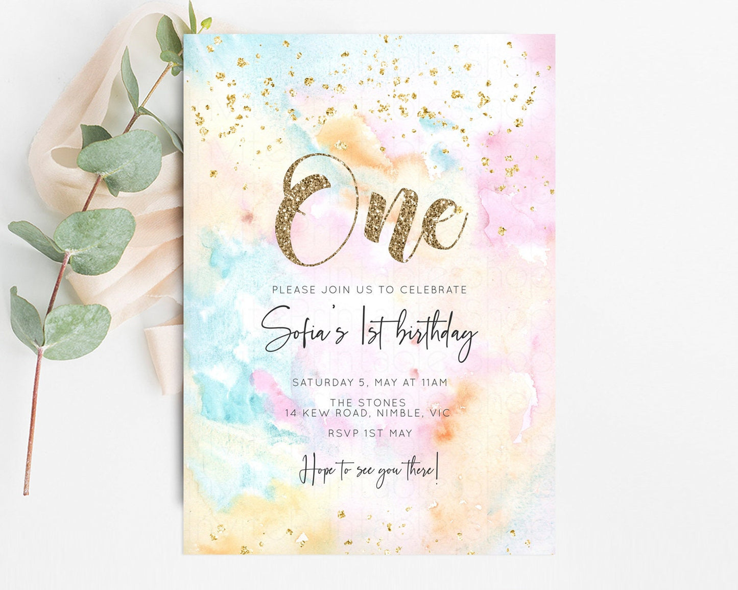 Rainbow Birthday Invitation Glitter Pastel Invitation Colorful Watercolor Gold Foil Splatter Sprinkles Ombre Glitter Invite 1st 2nd 3rd G566