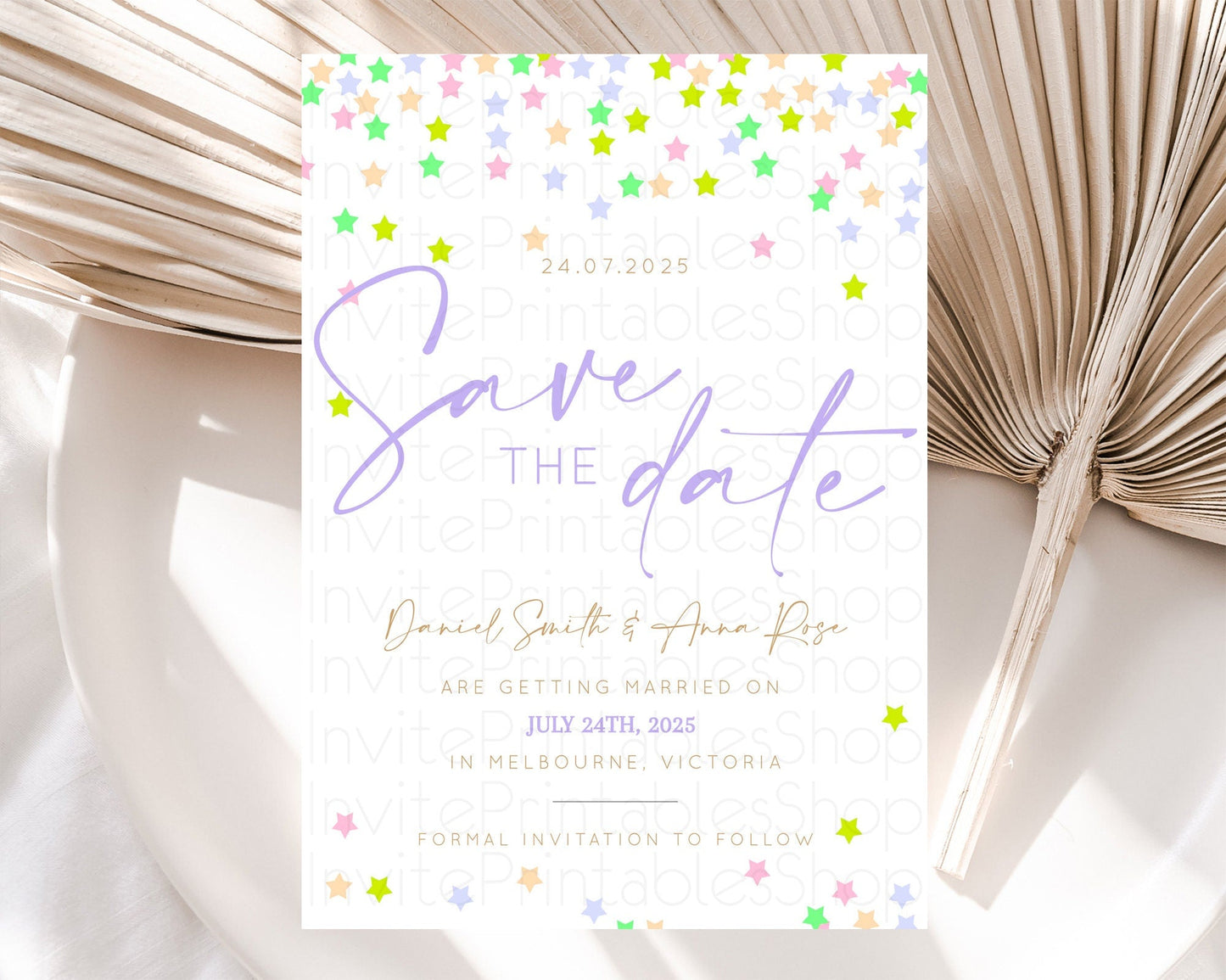 Twinkle Stars Save The Date Template Pastel Twinkle Little Star Party Shooting Star Confetti Sprinkles Birthday Baptism Baby Shower D10396