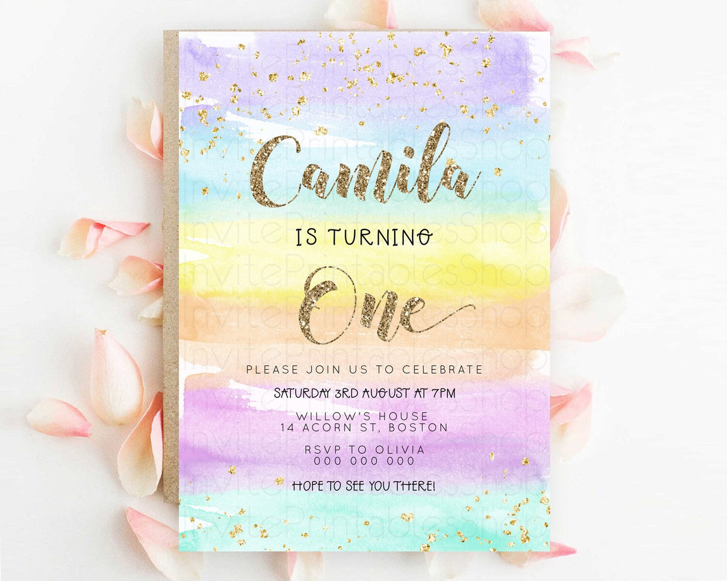 Rainbow Birthday Invitation Colorful Pastel Watercolor Invitation Gold Glitter Sprinkles Ombre Pastel 1st 2nd 3rd Birthday D23268