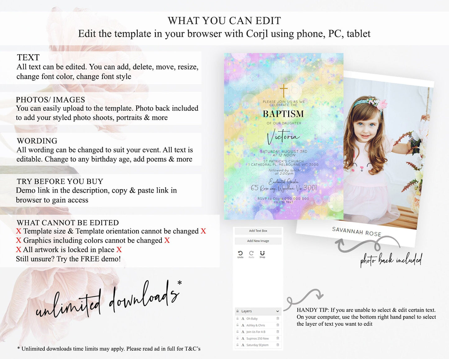 Rainbow Baptism Invitation Colorful Pastel Watercolor Baptism 1st Birthday Invitation Iridescent Glitter Sprinkles Ombre Christening D10689