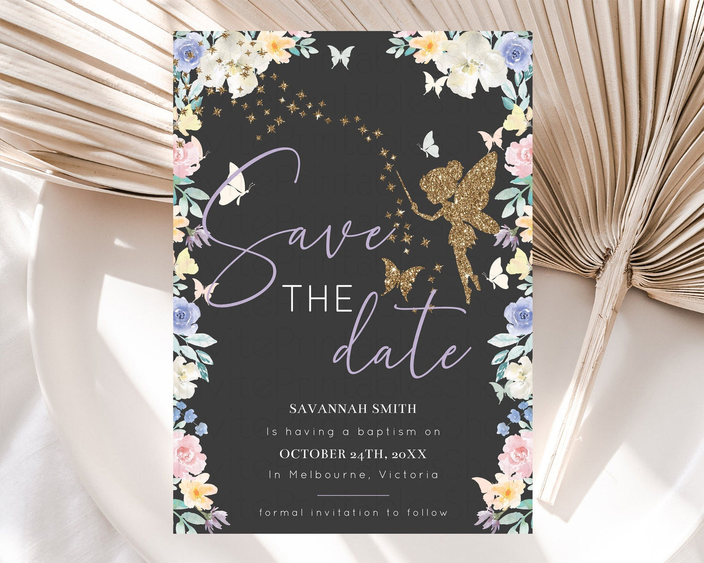 Fairy Save The Date Template Enchanted Garden Pastel Floral Butterfly Party Secret Garden Birthday Baptism Baby Shower Bridal Shower D10881