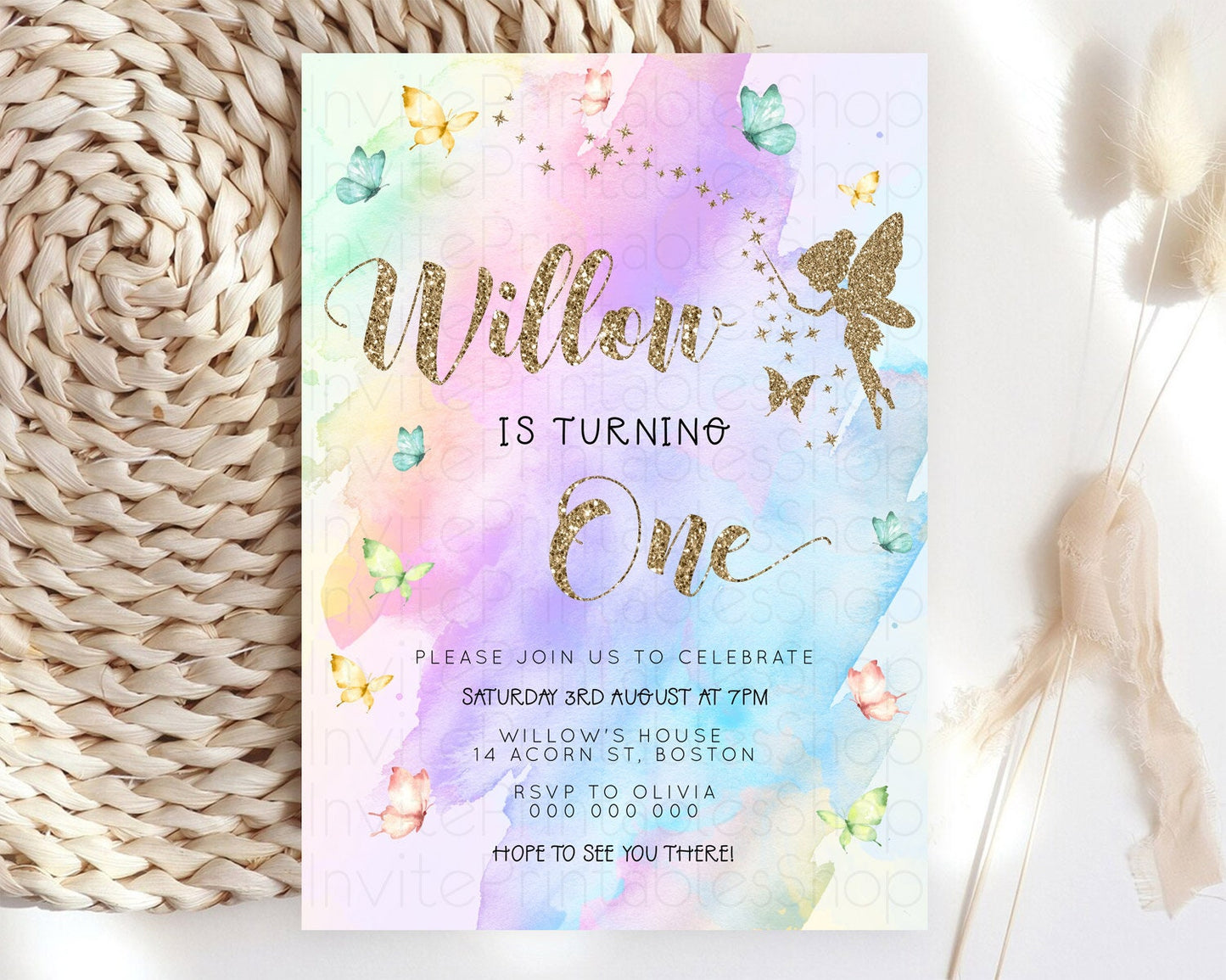 Pastel Fairy Birthday Invitation Pastel Butterflies Fairy Birthday Invitation Rainbow Ombre Watercolor 1st 2nd Birthday Invitation D23342