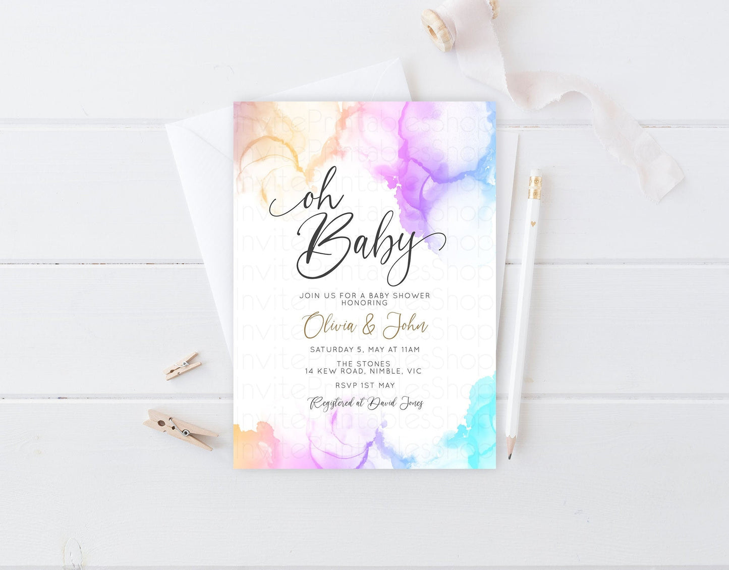 Rainbow Baby Shower Invitation Pastel Colorful Watercolor Ink Splash Gold Glitter Foil Sprinkles Confetti Gender Neutral Editable Invite