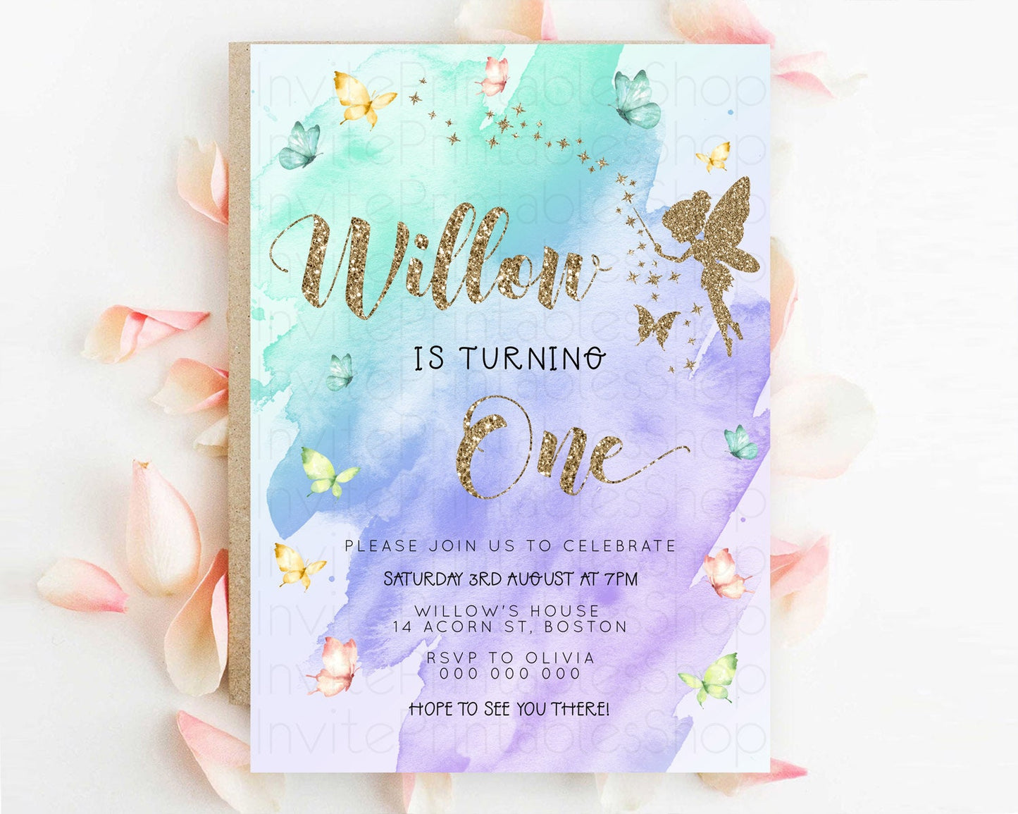 Pastel Fairy Birthday Invitation Pastel Butterflies Fairy Birthday Invitation Rainbow Ombre Watercolor 1st 2nd Birthday Invitation D23335