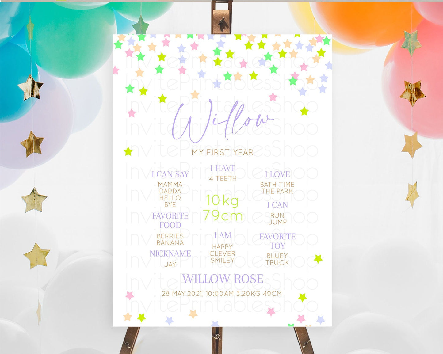 Star First Birthday Milestone Poster Pastel Stars Milestone Shooting Star Rainbow Colorful Confetti Twinkle Little Star 1st Birthday D10396