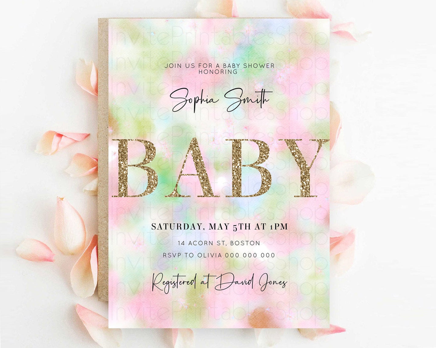 Pastel Baby Shower Invitation Rainbow Baby Shower Invitation Colorful Pastel Watercolor Invitation Gold Glitter Sprinkles Ombre D10698