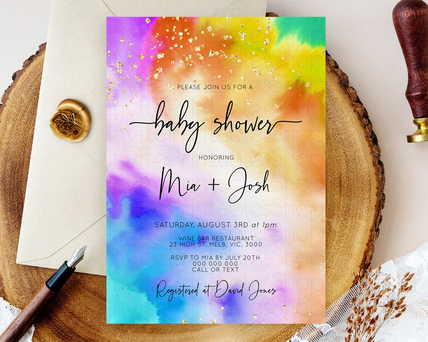 Pastel Baby Shower Invitation Rainbow Baby Shower Invitation Colorful Pastel Watercolor Invitation Gold Glitter Sprinkles Ombre D10530