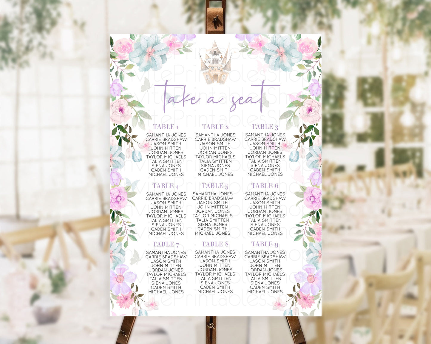 Princess Seating Chart Castle Seating Chart Royal Princess Décor Fairy Tale Enchanted Castle Pastel Floral Garden Table Number Sign D10471