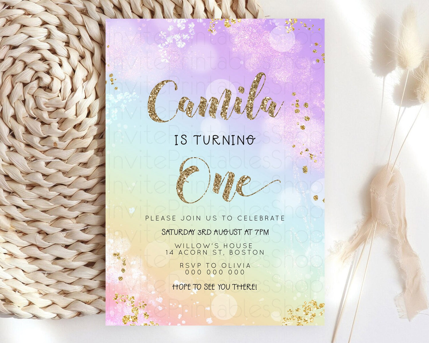 Rainbow Birthday Invitation Colorful Pastel Watercolor Invitation Gold Glitter Sprinkles Ombre Pastel 1st 2nd 3rd Birthday D23125