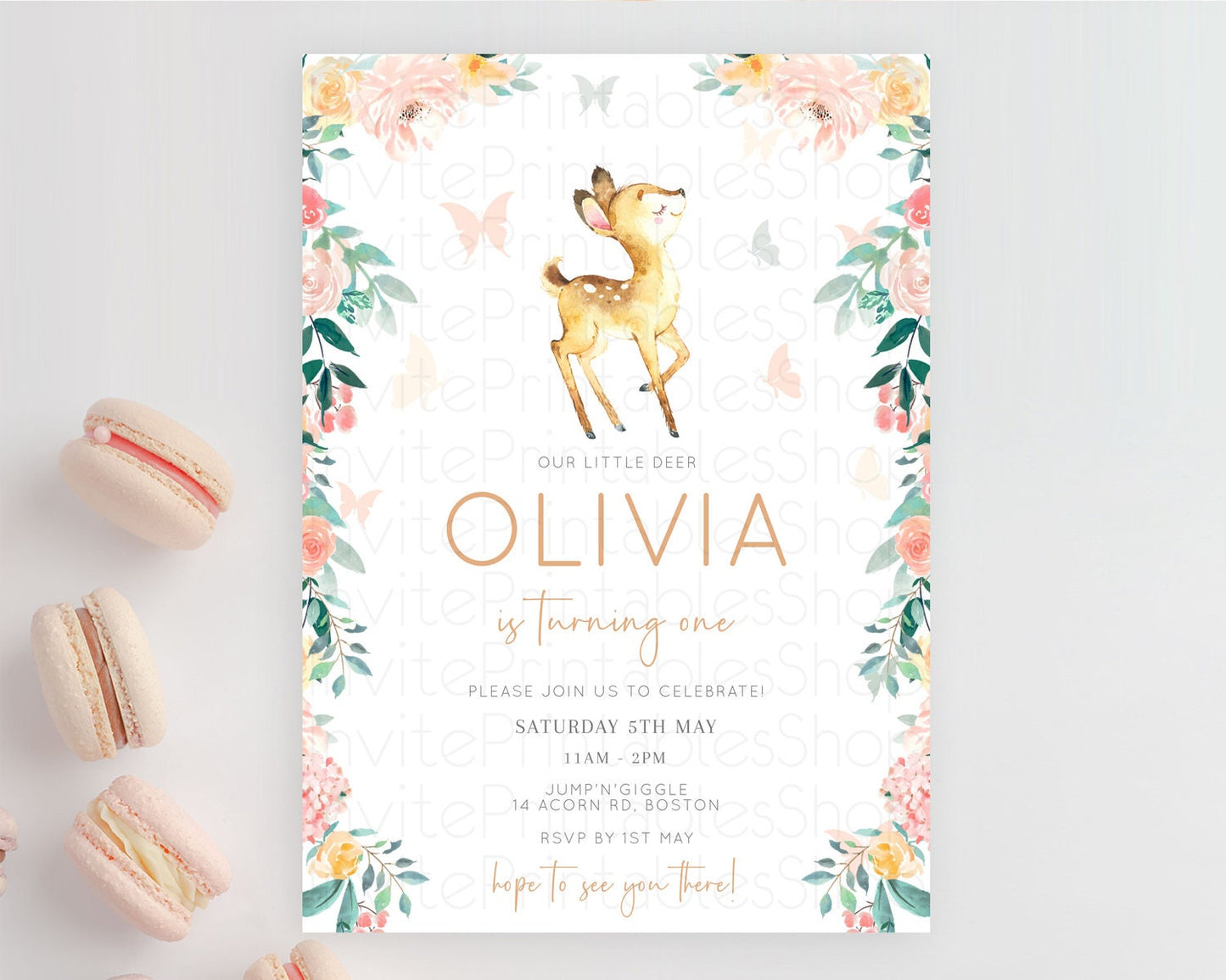 Fawn Birthday Invitation Deer Birthday Invitation Enchanted Forest Party Butterfly Pastel Flowers Whimsical 2nd 1st First Birthday D10753