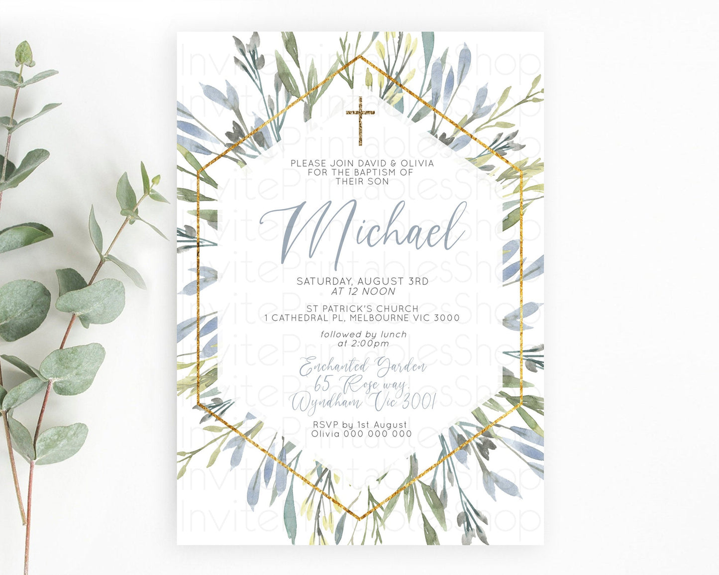 Leafy Baptism Invitation Leafy Simple Greenery Baptism 1st Birthday Invitation Eucalyptus Fern Spray Leaves Green Leaf Watercolour D10532