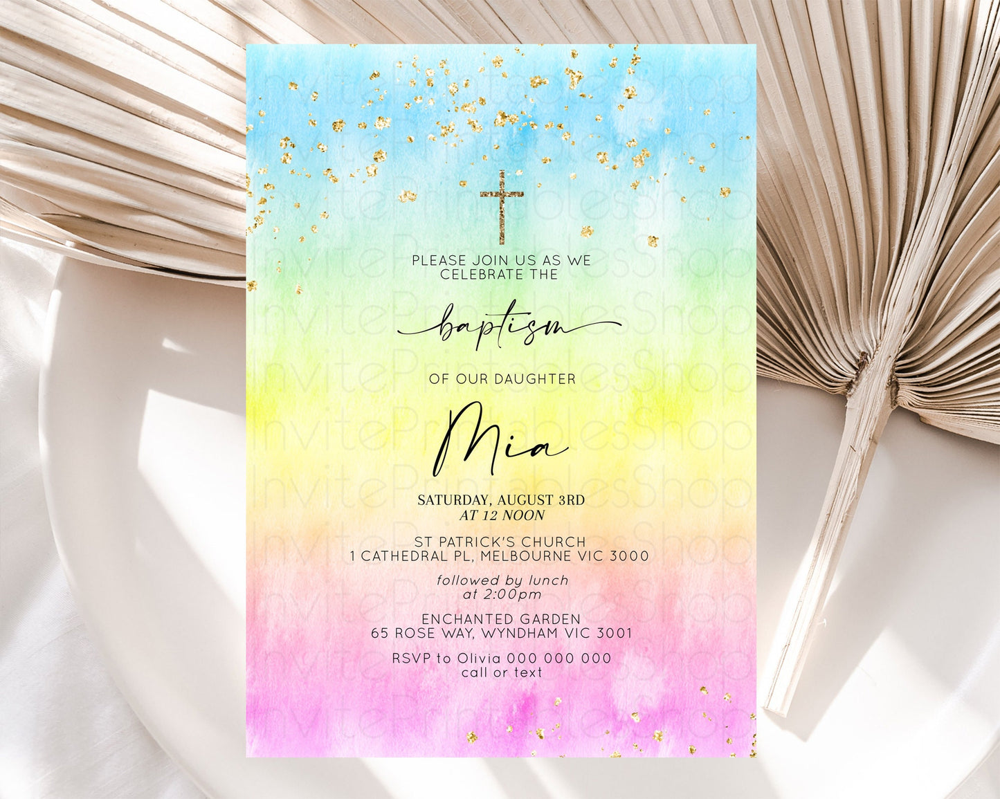 Pastel Baptism Invitation Pastel Colors Watercolor Baptism 1st Birthday Party Gold Ombre Pastel Rainbow Christening Holy Communion D10483