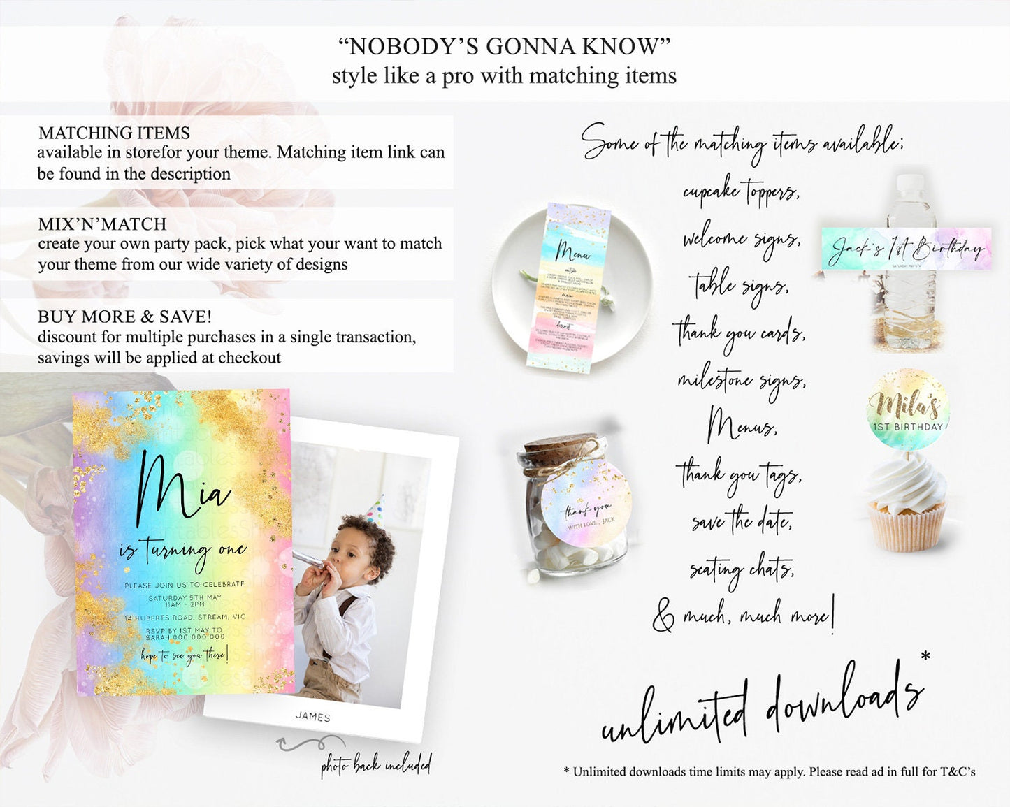 Rainbow Birthday Invitation Colorful Pastel Watercolor Invitation Gold Glitter Sprinkles Ombre Pastel 1st 2nd 3rd Birthday D10559