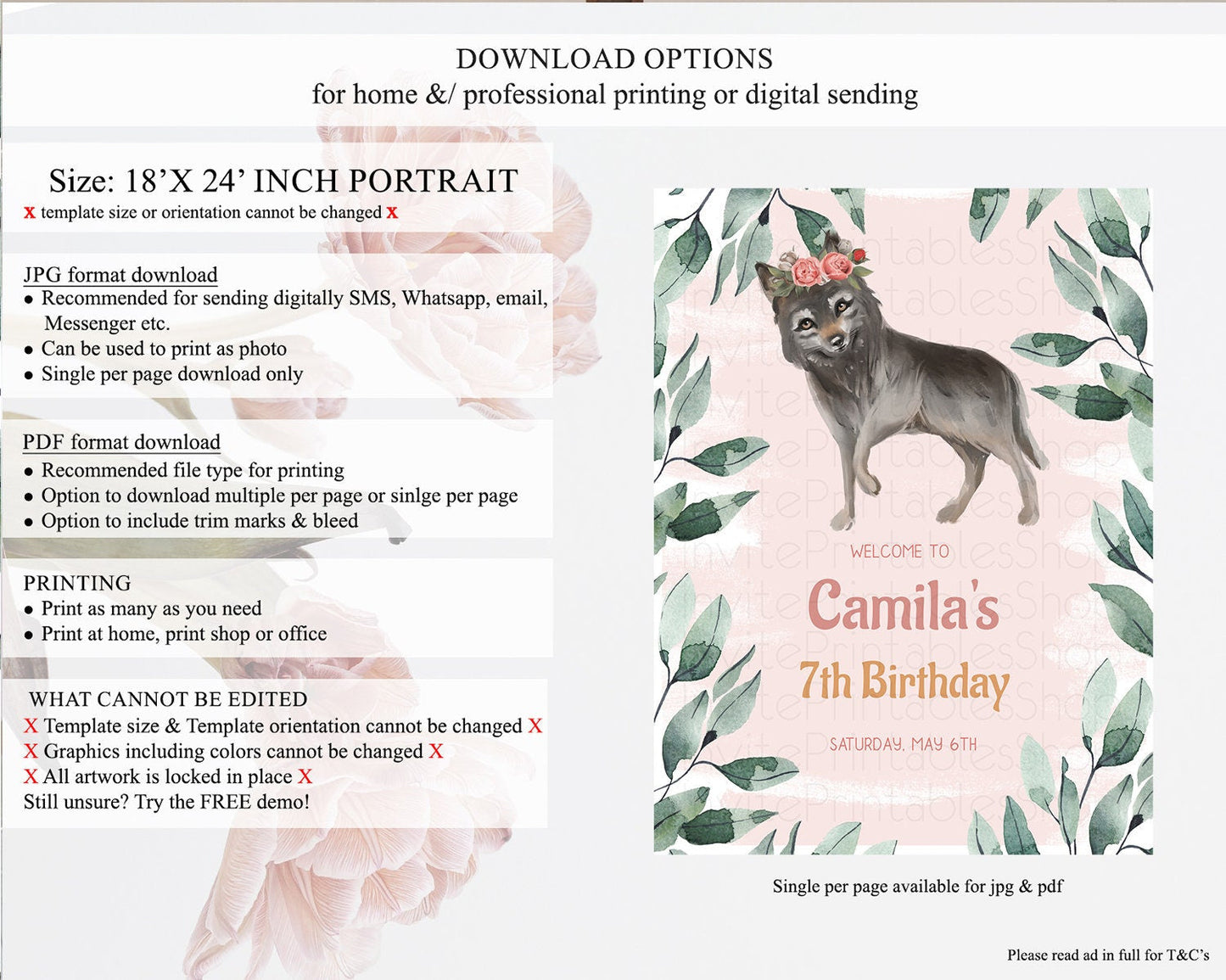 Wolf Welcome Sign Wolf Welcome Board Pastel Floral Wolf Welcome Poster Forest Wolf Party Decor Wolf First Birthday Welcome Sign D10535