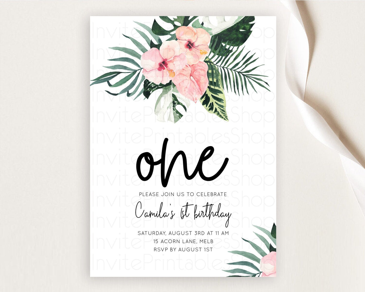 Tropical Invitation Tropical Birthday Invitation Tropical Floral Invitation Palm Leaf Fern Invite Frangipani White Orchid Invitation D11017