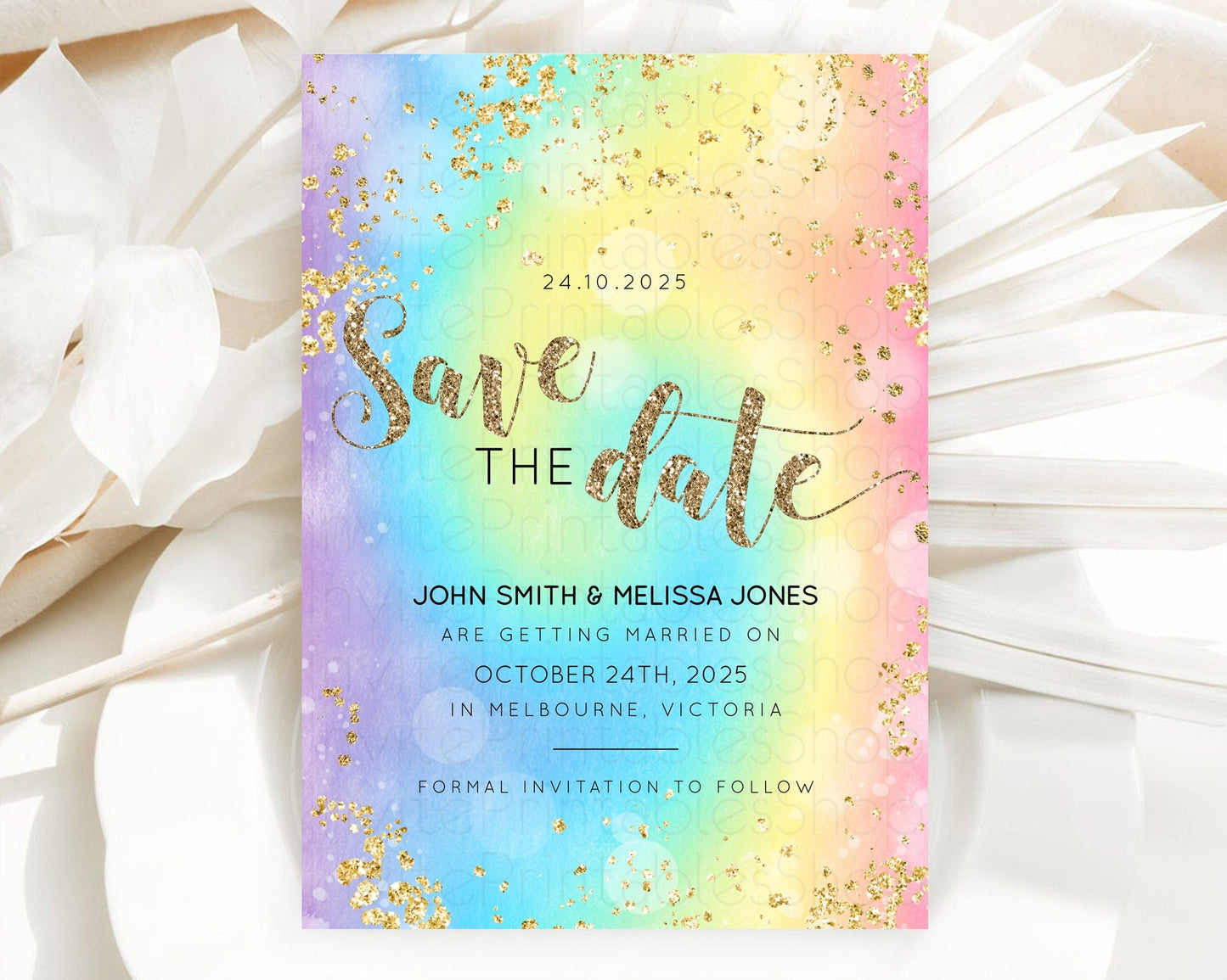Tie Dye Save The Date Template Rainbow Pastel Ombre Watercolor Party For 1st Birthday Baptism Baby Shower Bridal Shower Wedding D10568