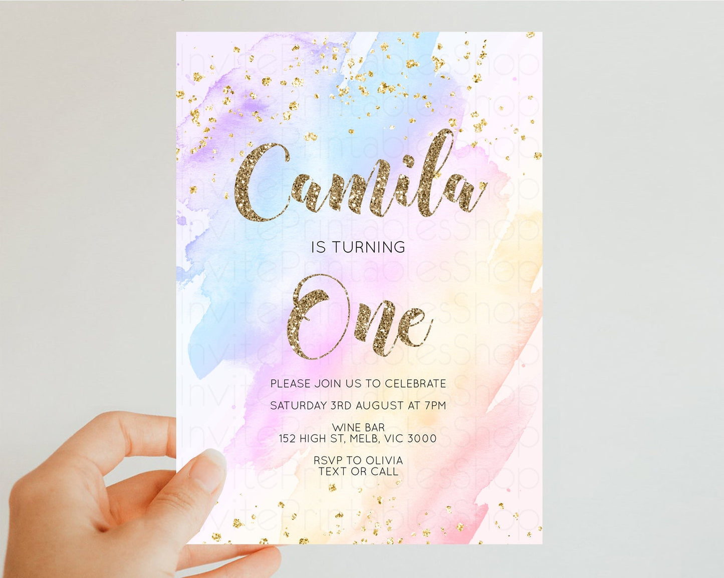 Rainbow Birthday Invitation Glitter Pastel Invitation Colorful Watercolor Gold Foil Splatter Sprinkle Ombre 1st 2nd 3rd Birthday Invite g600