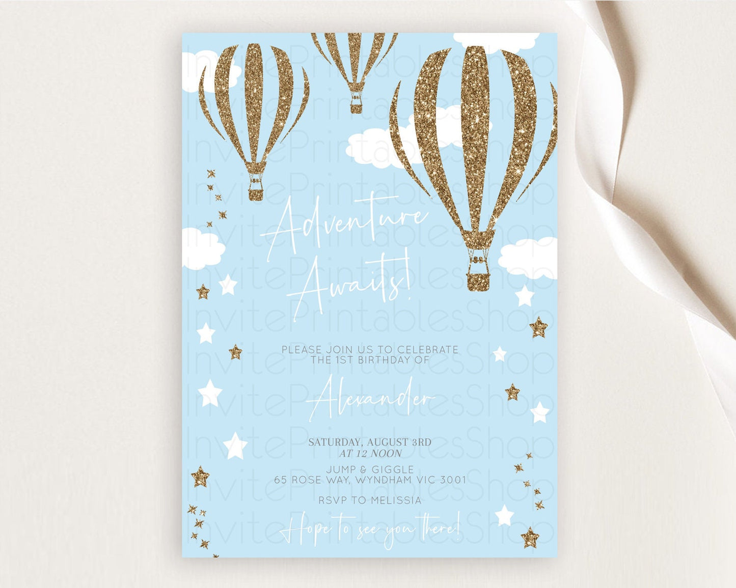 Hot Air Balloon Birthday Invitation Hot Air Balloon Invites Adventure Awaits Up Up & Away Glitter Blue Watercolor 1st Birthday Boy D10332