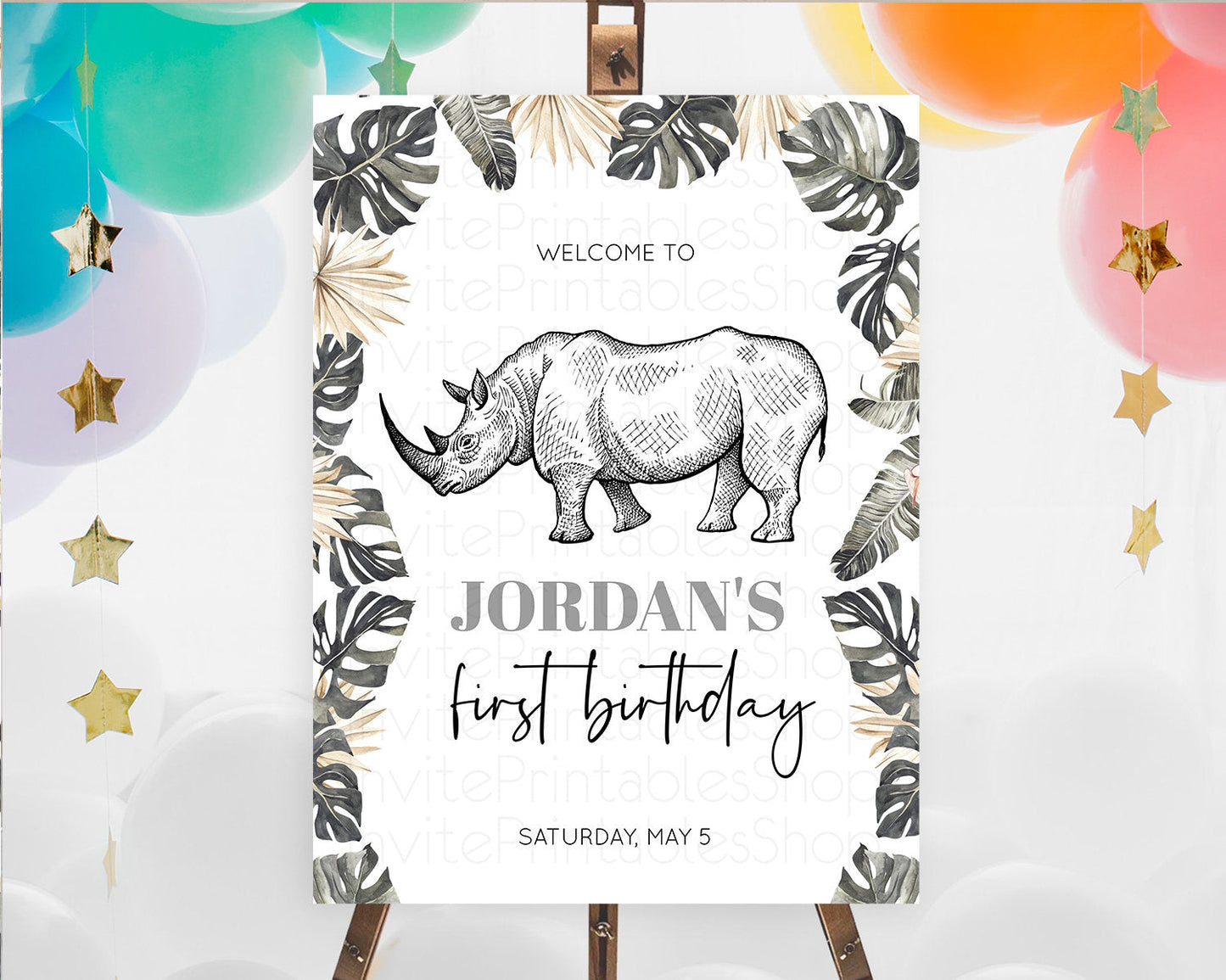 Rhino Welcome Sign Rhino Welcome Board Rhino Welcome Poster Dried Palm Fern Safari Party Decor Rhino First Birthday Welcome Sign D10826