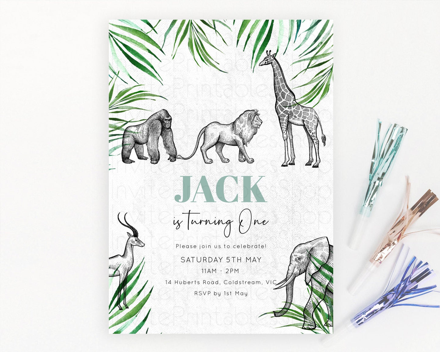 Safari Birthday Invitation Lion Gorilla Elephant Rhino Tropical Palm Jungle Safari Adventure Zoo Party Animal 2nd 1st First Birthday D10853