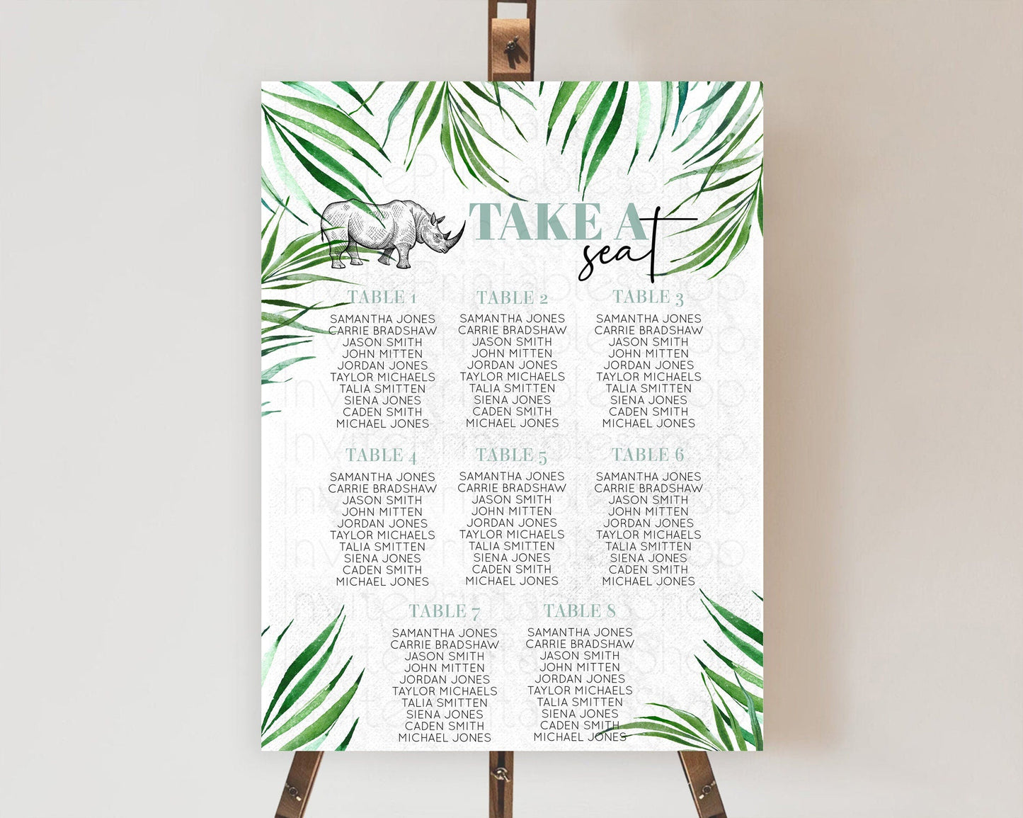 Rhino Seating Chart Rhino Seating Sign Rhino Take A Seating Chart Rhino Safari Adventure Decor Zoo Party Rhino Palm Leaf Decor D10848