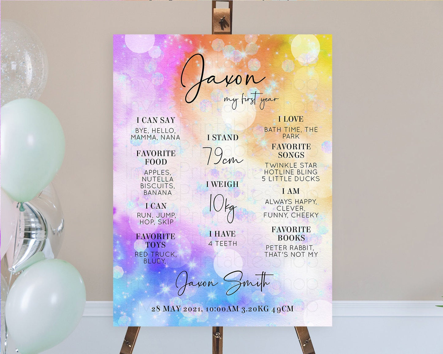 Rainbow First Birthday Milestone Poster Colorful Pastel Watercolor Iridescent Sprinkles Ombre Pastel Milestone Board First Birthday D10690