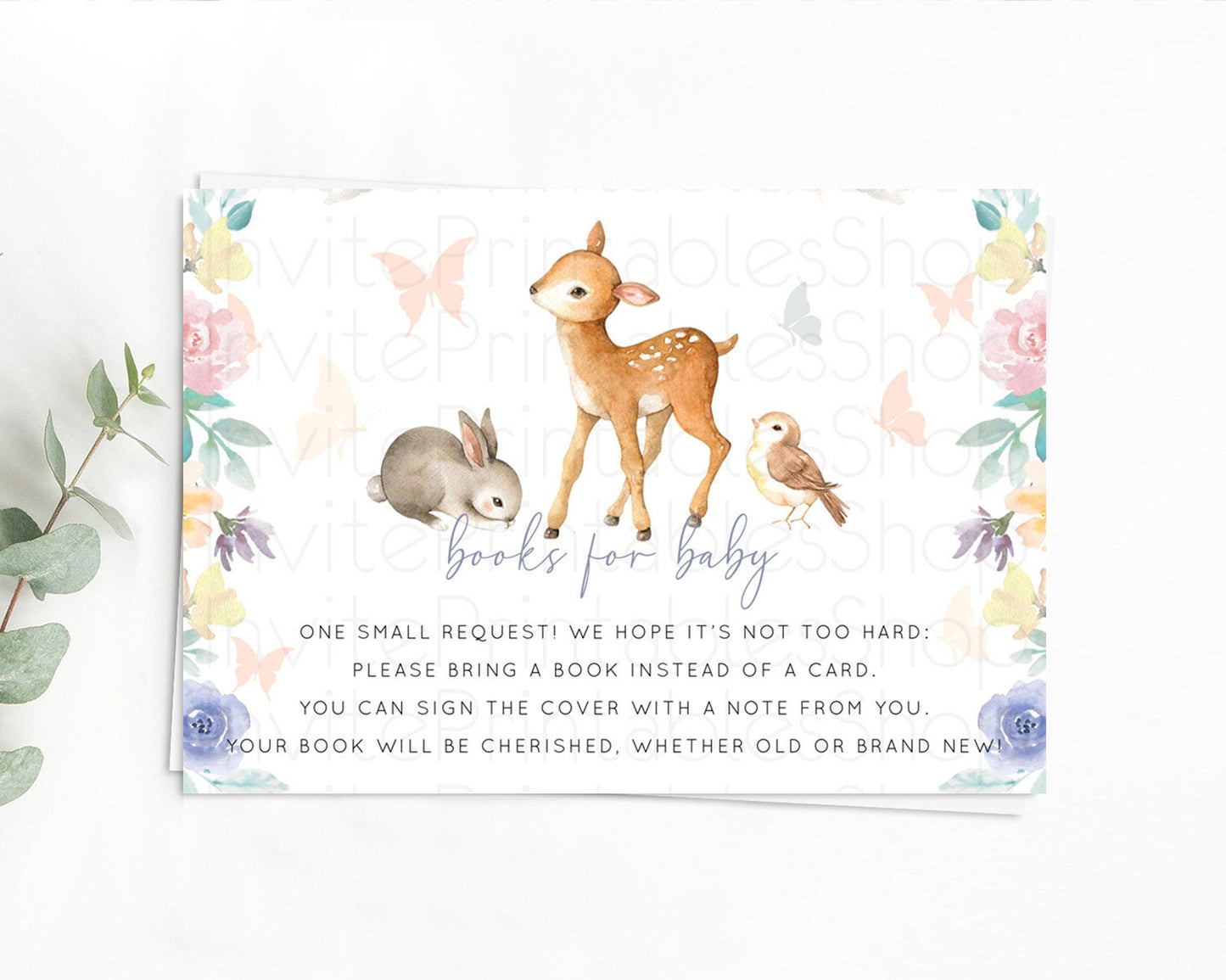 Fawn Books For Baby Card Deer Book Insert Floral Deer Book Card Enchanted Forest Butterfly Pastel Baby Shower Book Poem Request D10930