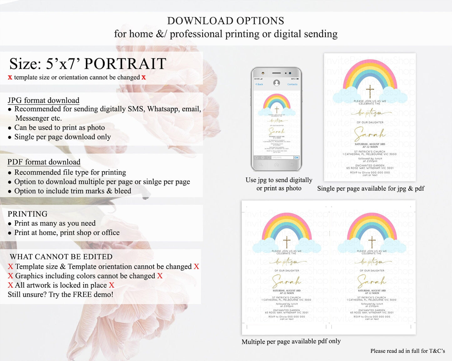 Pastel Rainbow Baptism Invitation Boho Rainbow Baptism 1st Birthday Invitation Rainbow Pastel Watercolor Christening Invitation D10123