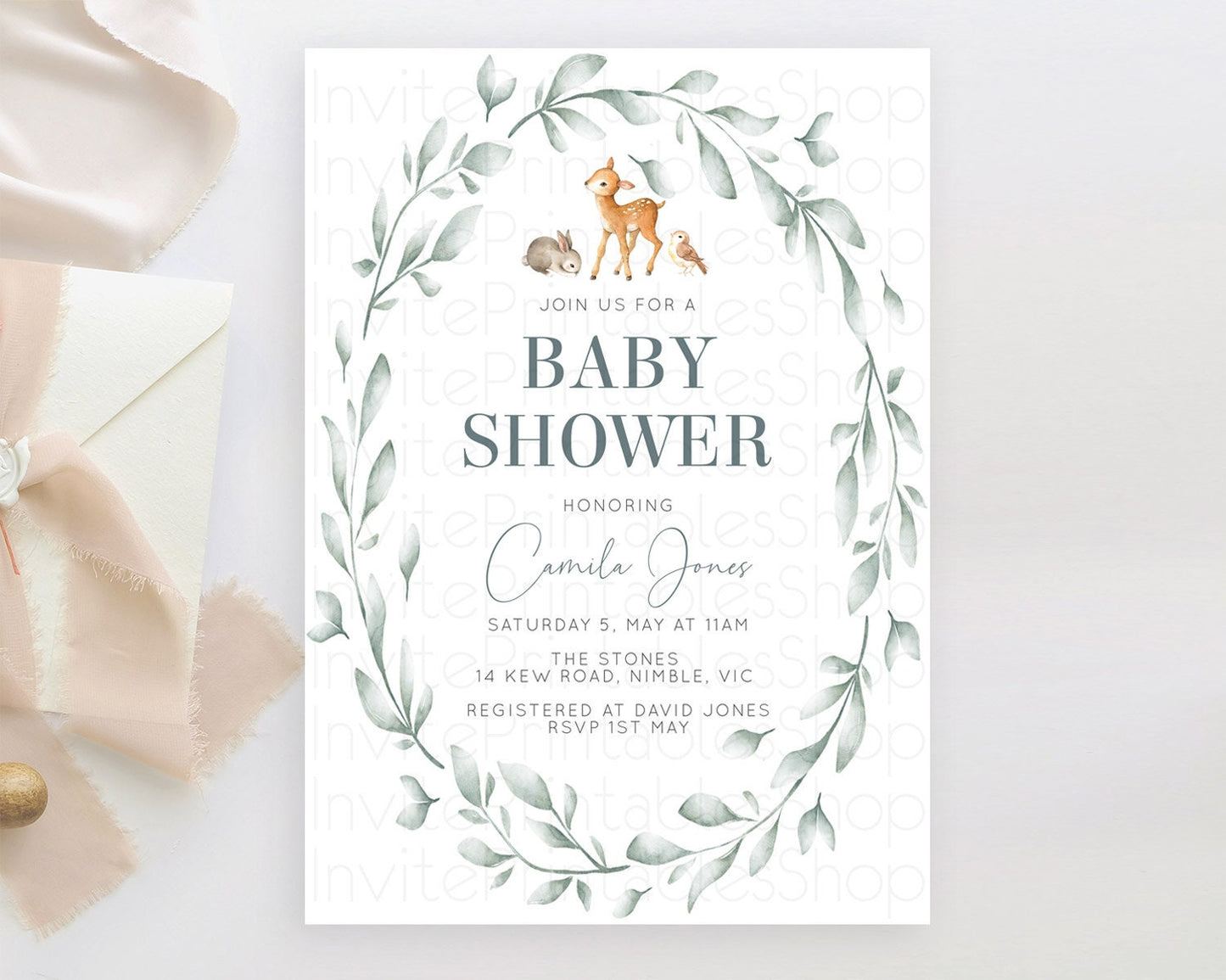 Fawn Baby Shower Invitation, Enchanted Forest, Whimsical Deer, Cute Bunny And Bird, Woodland, Leafy Crown, Organic Green Tone D10872