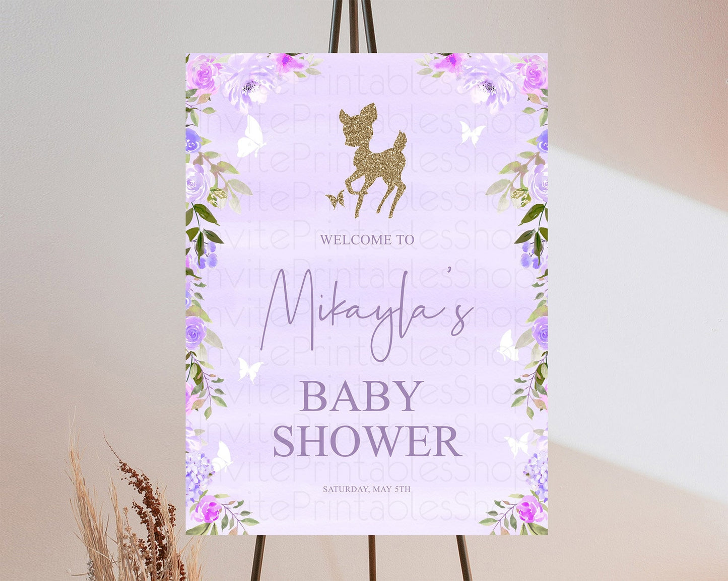 Fawn Baby Shower Welcome Sign Deer Welcome Board Floral Deer Welcome Poster Enchanted Forest Butterfly Pastel Floral Welcome Sign D10963