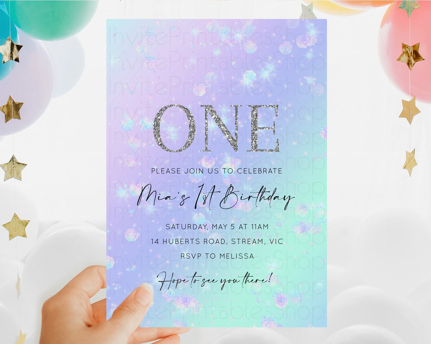 Rainbow Birthday Invitation Colorful Pastel Watercolor Iridescent Glitter Sprinkles Ombre Pastel Invitation 1st 2nd First Birthday D10663