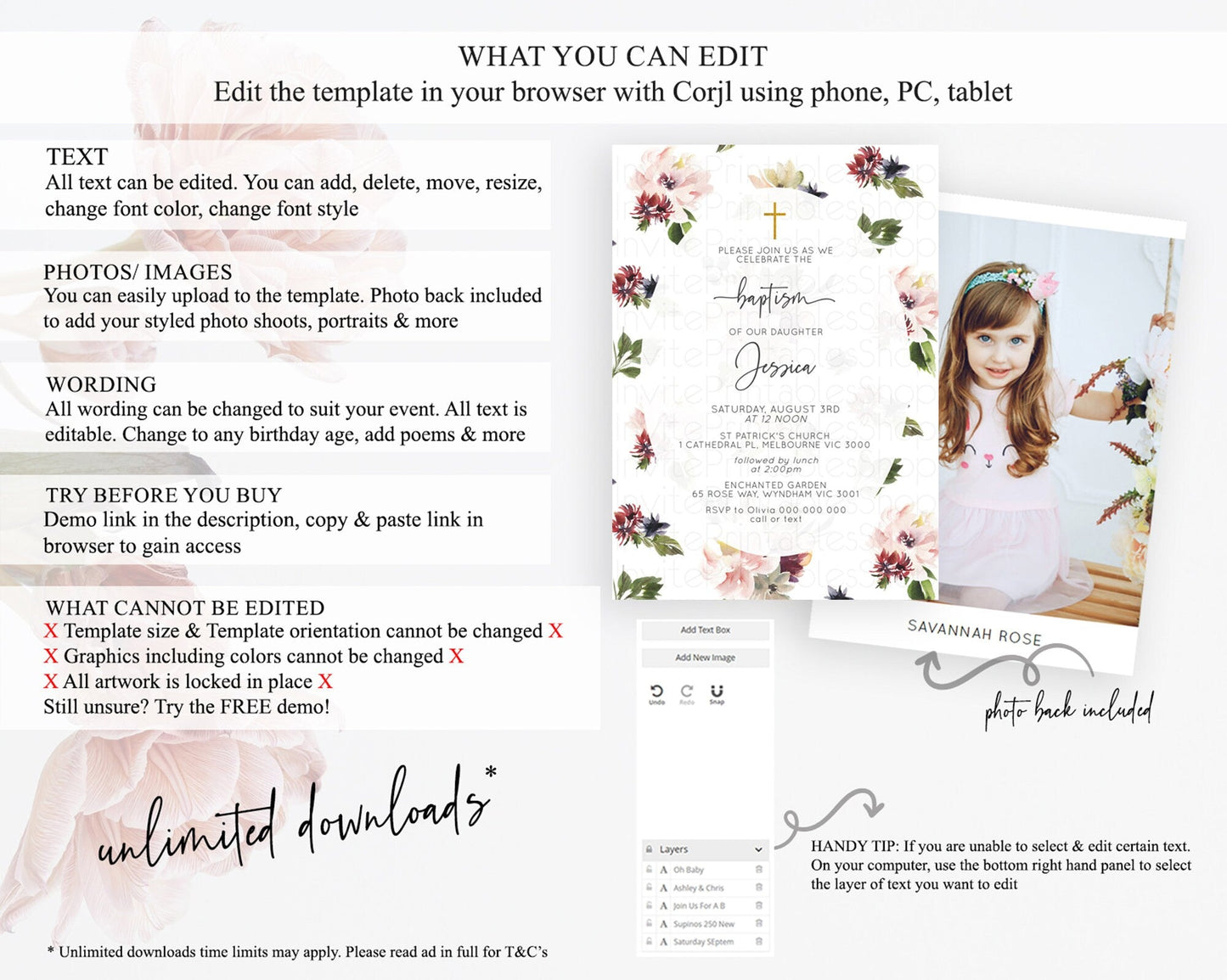 Secret Garden Baptism Invitation Wildflower Baptism Birthday Invite Pastel Flowers Christening Invite Enchanted Garden Boho Floral D10538