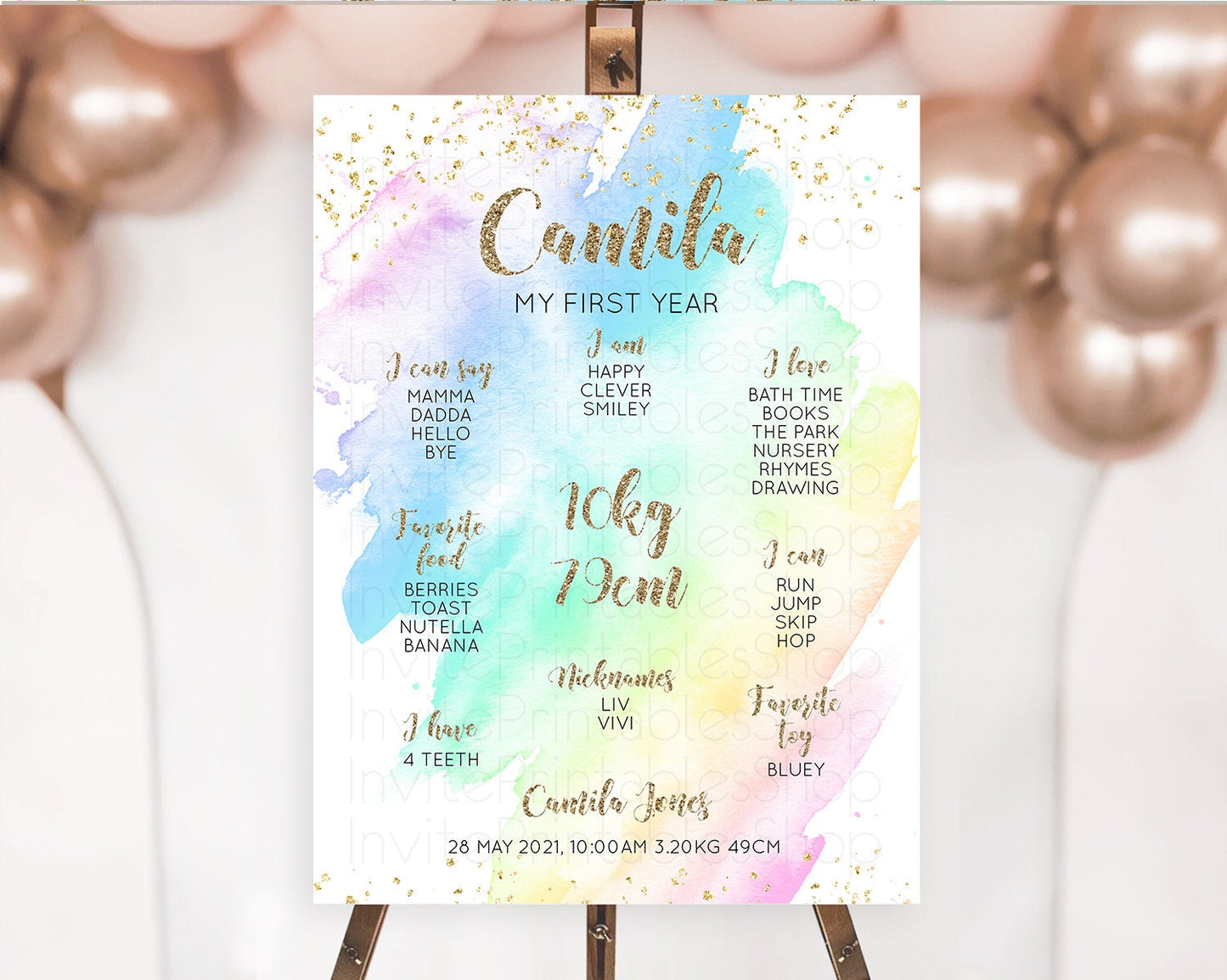 Pastel First Birthday Milestone Board Pastel Rainbow Milestone Poster Colorful Confetti Watercolor Glitter 1st Birthday Welcome Sign D10637