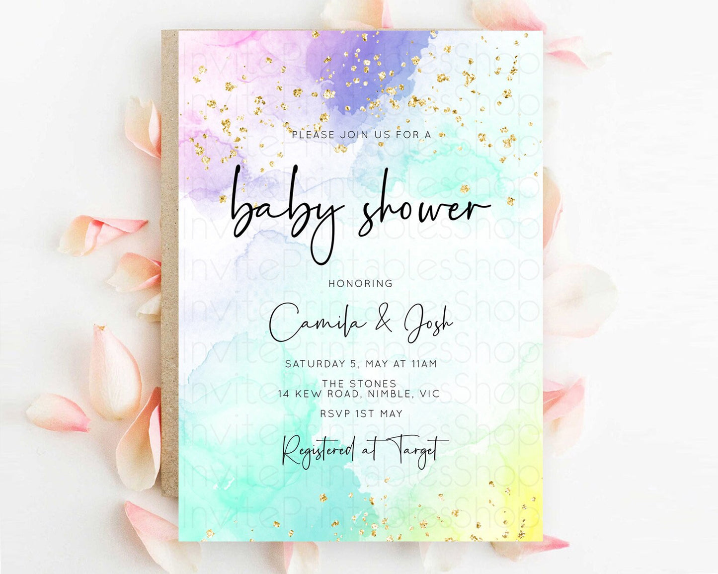 Pastel Rainbow Baby Shower Invitation, Colorful Watercolor Splash, Soft Pastel with Gold Glitter Sprinkles - Purple, Teal, Pink Ombre D10158