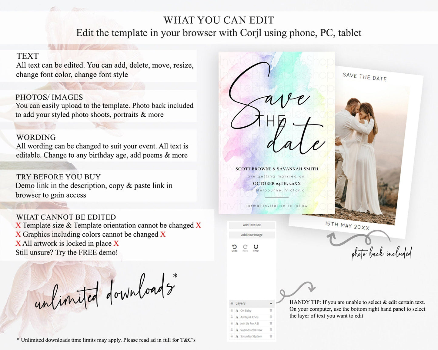 Pastel Save The Date Template Pastel Ombre Rainbow Watercolor Colorful Party For Birthday Baptism Baby Shower Wedding Bridal Shower D10231