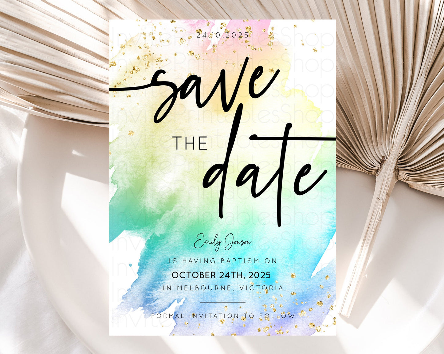 Pastel Save The Date Template Pastel Ombre Rainbow Watercolor Colorful Party For Birthday Baptism Baby Shower Wedding Bridal Shower D10256