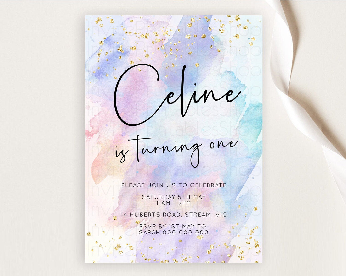 Rainbow Birthday Invitation Colorful Pastel Watercolor Invitation Gold Glitter Sprinkles Ombre Pastel 1st 2nd 3rd Birthday D10585