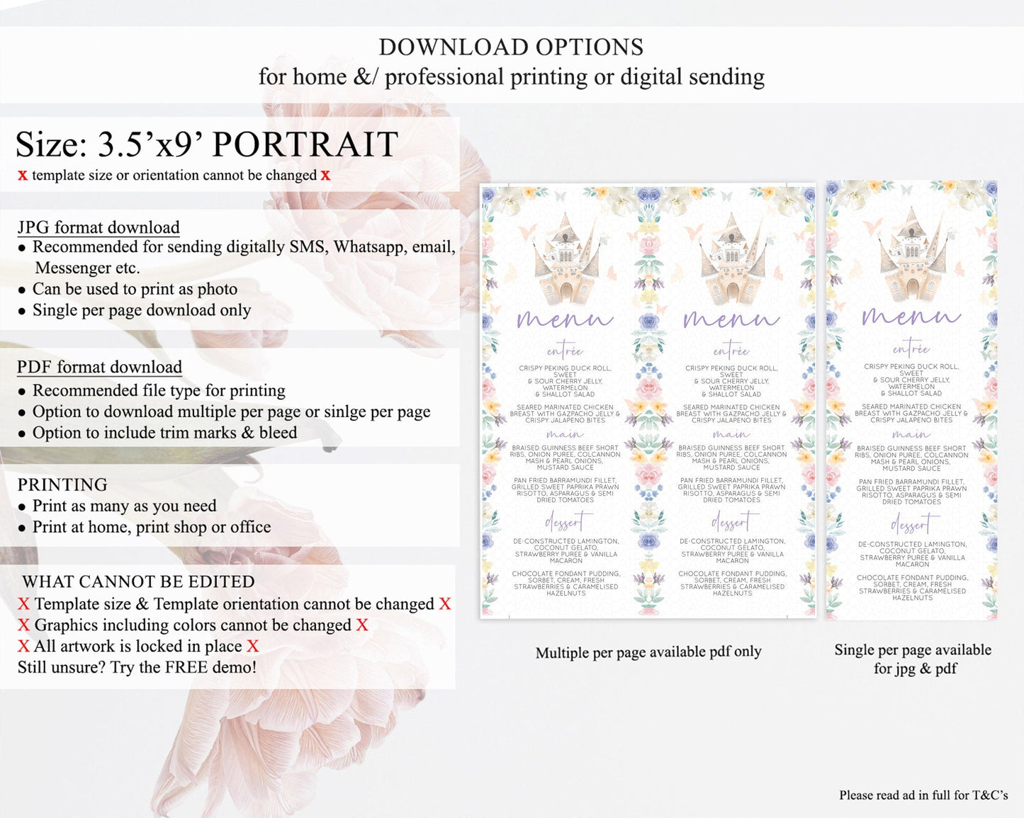 Princess Menu Castle Menu Template Secret Garden Table Decor Enchanted Castle Pastel Floral Dinner Dessert Menu Princess Food Menu D10709