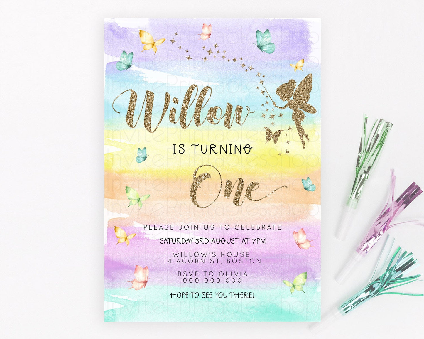 Pastel Fairy Birthday Invitation Pastel Butterflies Fairy Birthday Invitation Rainbow Ombre Watercolor 1st 2nd Birthday Invitation D23315