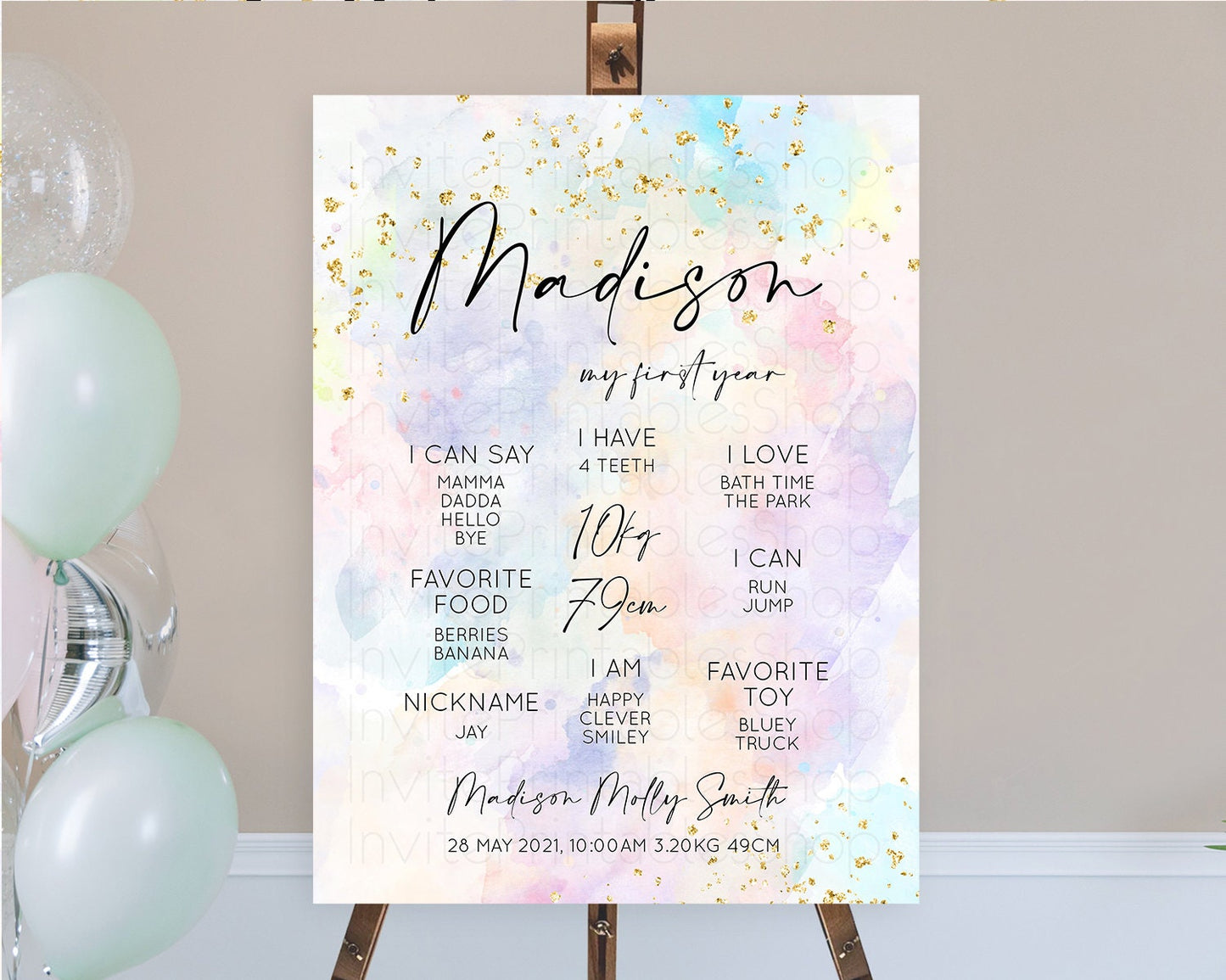 Pastel First Birthday Milestone Board Pastel Rainbow Milestone Poster Colorful Confetti Watercolor Glitter 1st Birthday Welcome Sign D10605