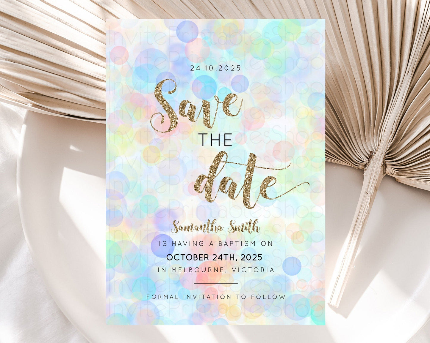 Pastel Bubbles Save The Date Template Bubble Bath Party Rainbow Colorful Confetti Sprinkles 1st Birthday Baby Shower Baptism Wedding D10447