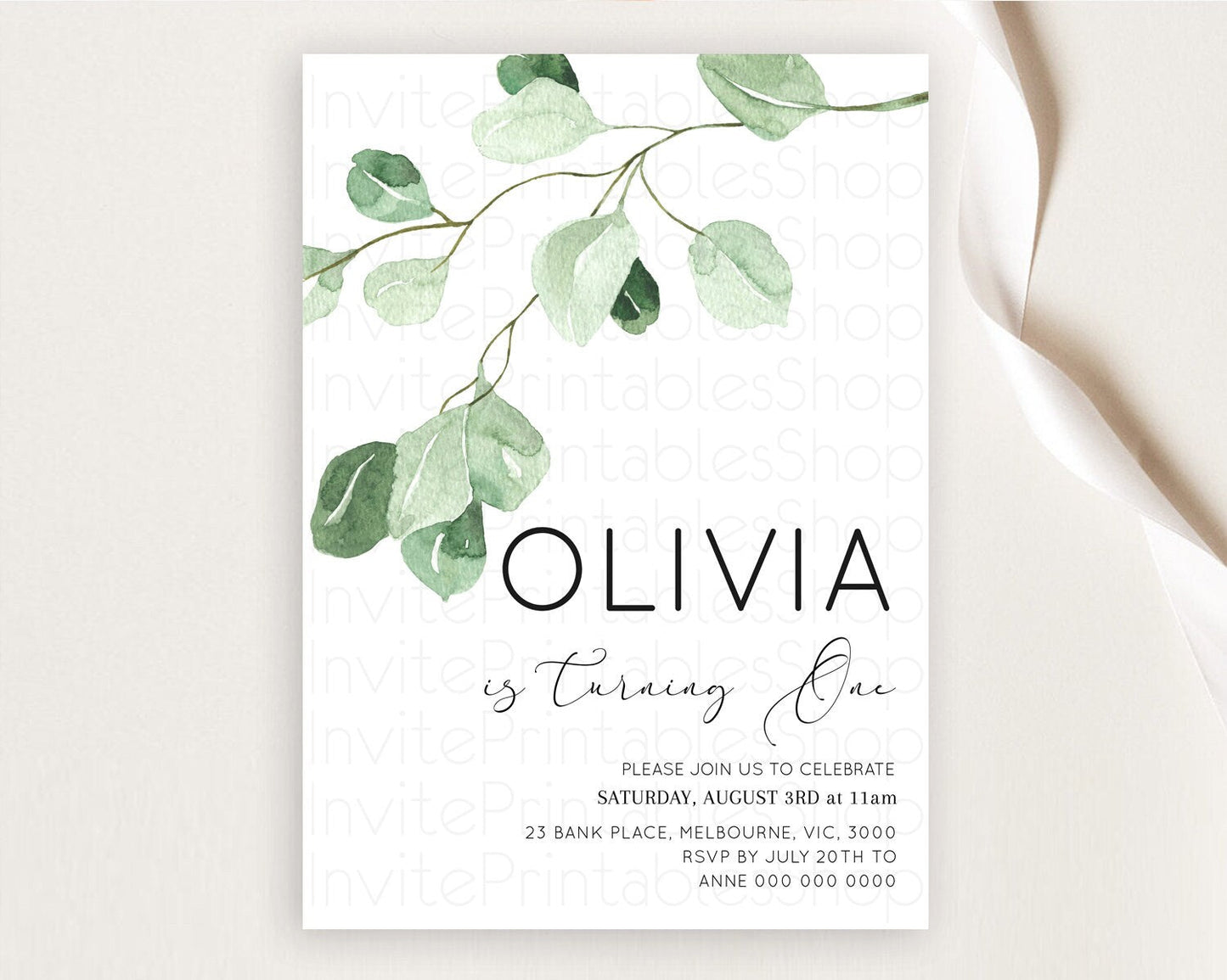 Leafy Birthday Invitation Leafy Invitation Simple Greenery Invitation Eucalyptus Fern Spray Leaves Minimal Green Leaf Watercolour D11054