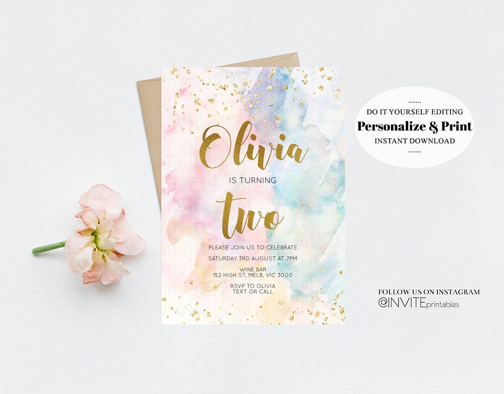 Rainbow Birthday Invitation Colorful Watercolor Gold Glitter Sprinkles Ombre Pastel Invitation 1st 2nd 3rd Printable Editable Invite 276