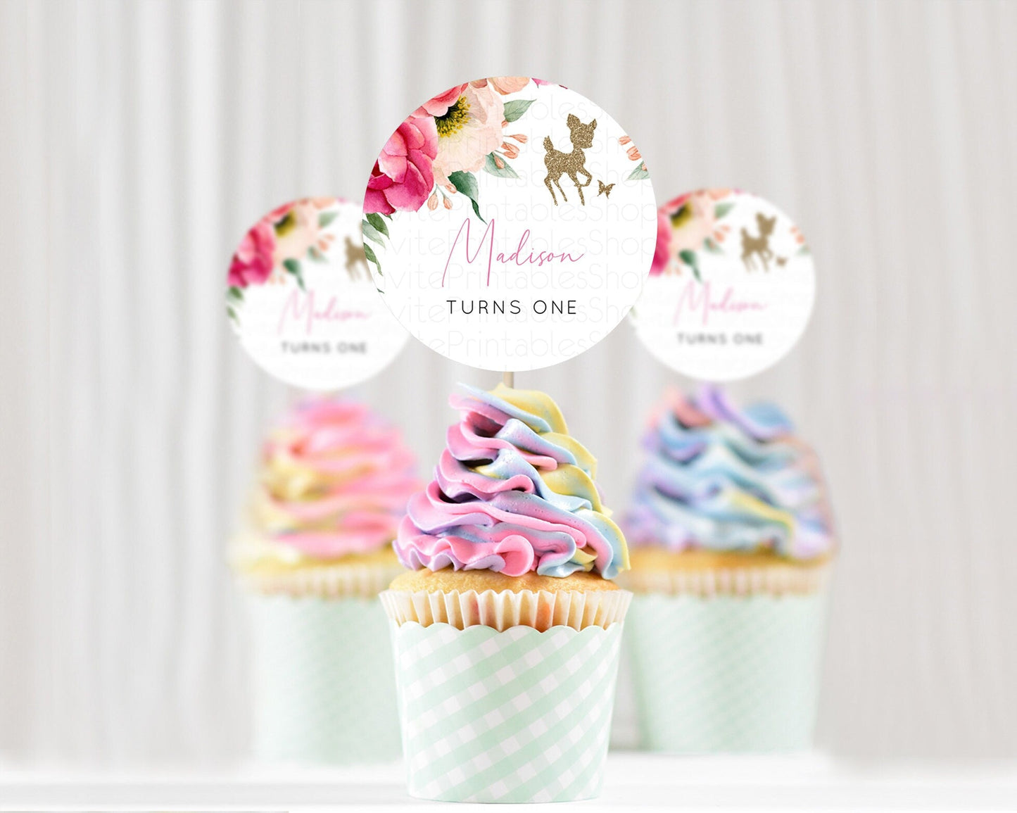 Fawn Cupcake Toppers Deer Cupcake Toppers Enchanted Forest Party Butterfly Pastel Flowers Woofland Cupcake Toppers First Birthday D10326